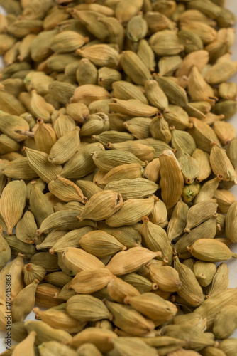 Green cardamom pods close up