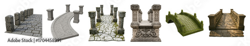 Stone architectural element set including paths, bridges, pillars, and carved structures isolated. Fantasy game environment assets for design.