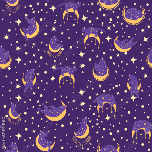 Mystical seamless pattern of cats in boho style, silhouette collection. Esotericism and mysticism, occultism. Cartoon flat vector illustrations, isolated
