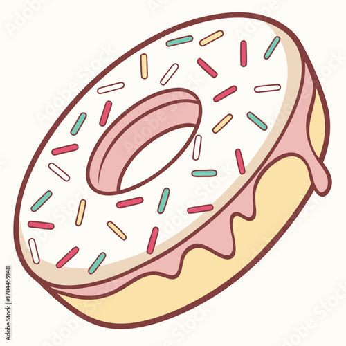 Cartoon donut with white frosting and colorful sprinkles with pink icing dripping down the side