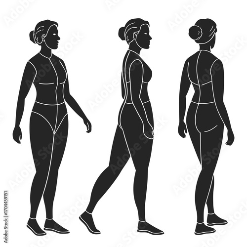 Three views of a woman's body with white lines indicating body sections in black and white style image