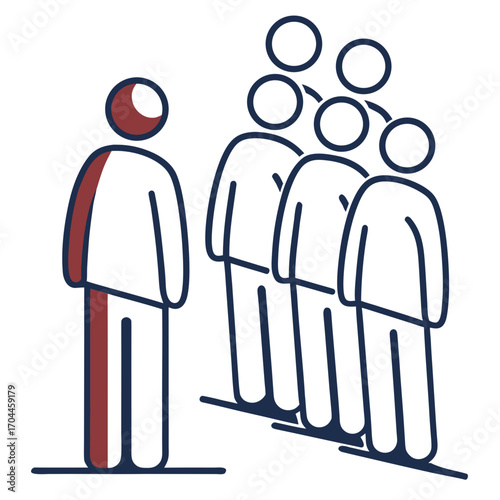 A single figure stands apart from a line of figures connected by circles above their heads in an illustration