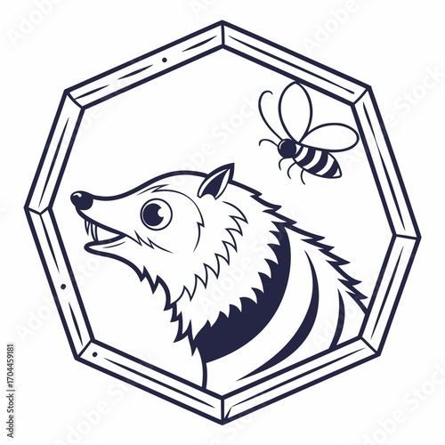 Illustration of a honey badger and a bee inside a wooden hexagon frame with a white background