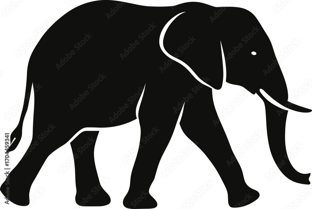 Fototapeta premium Minimal vector silhouette, elephant walking mid-step, trunk forward, side view, solid black