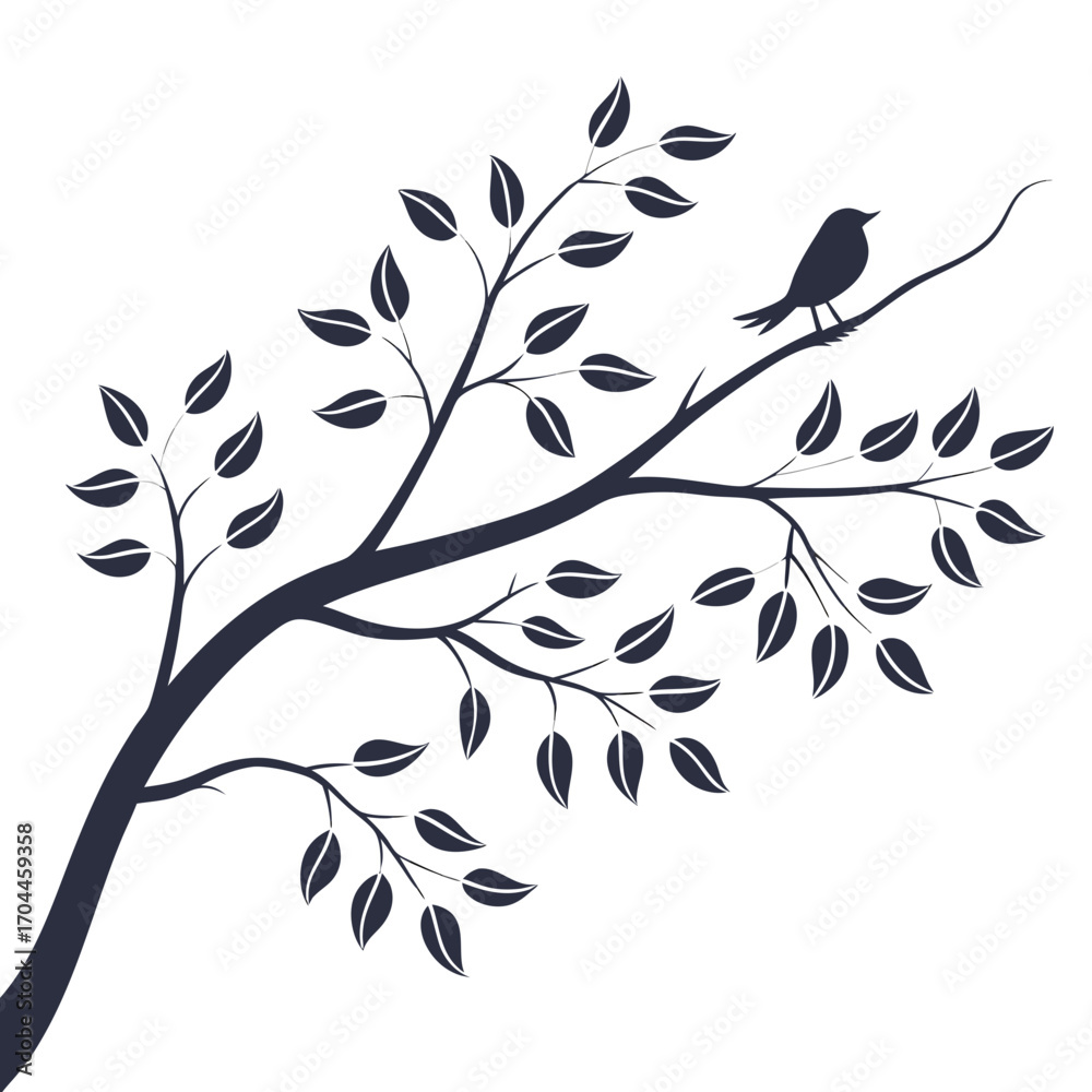 Obraz premium Silhouette image of a bird perched on a branch with leaves against a white background in vector art style