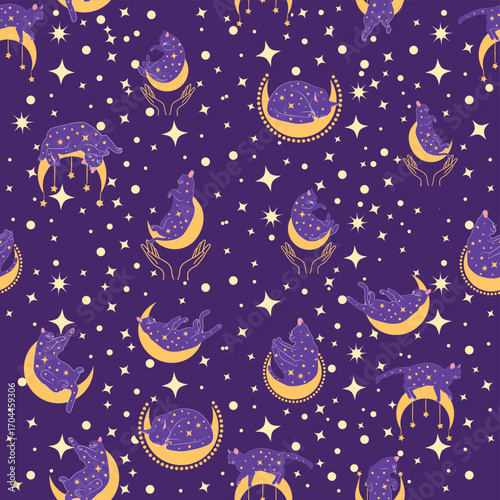 Mystical seamless pattern of cats in boho style, silhouette collection. Esotericism and mysticism, occultism. Cartoon flat vector illustrations, isolated