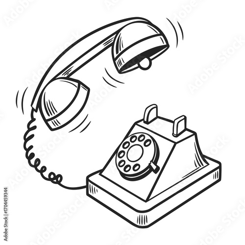 Illustration of a ringing rotary phone with handset off the hook in black and white outline style
