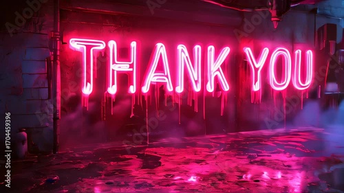 Neon sign that says thank you in neon red on a dark background