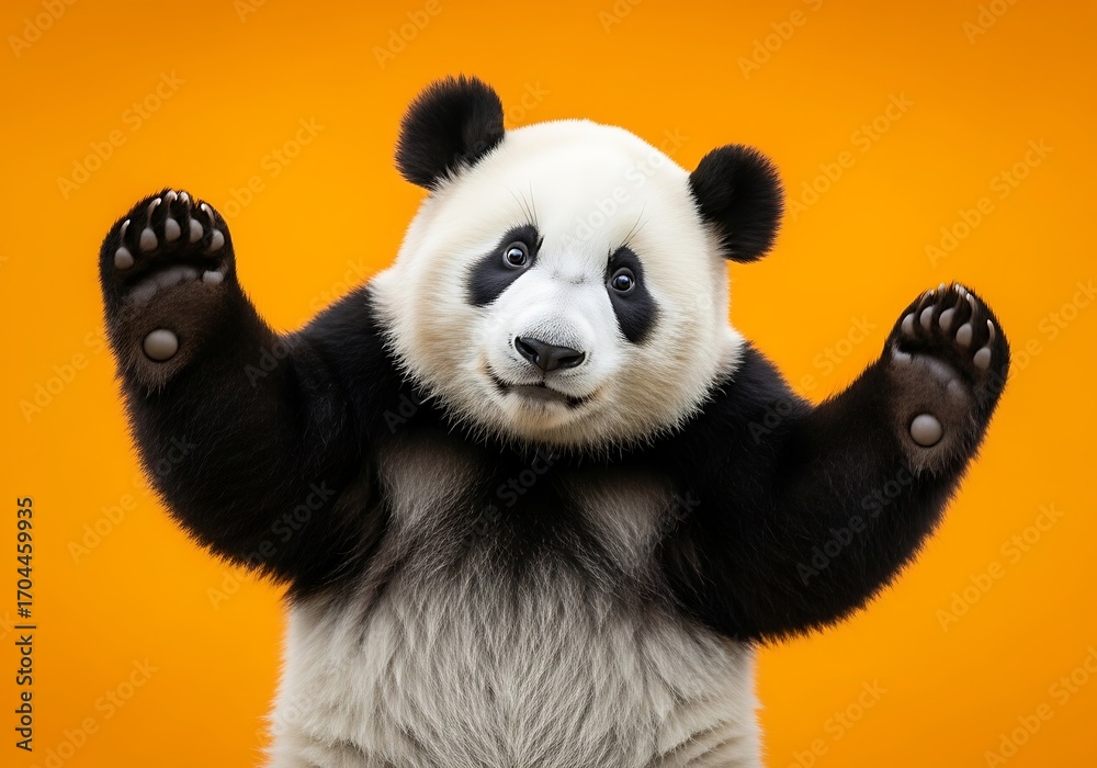 Naklejka premium A playful panda cub, its paws raised in a friendly greeting against a vibrant orange backdrop, evokes a cheerful and welcoming atmosphere.