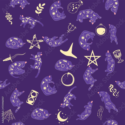 Mystical seamless pattern of cats in boho style, silhouette collection. Esotericism and mysticism, occultism. Cartoon flat vector illustrations, isolated