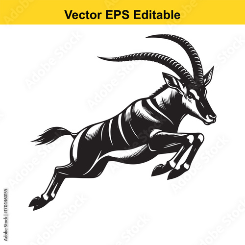 Vector art of black and white illustration of a running antelope