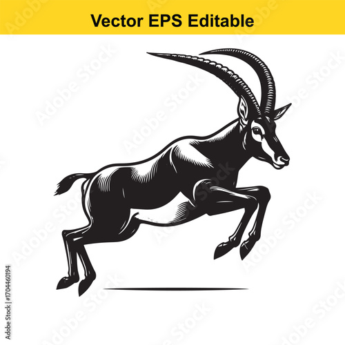 Vector art of black and white illustration of a sable antelope jumping