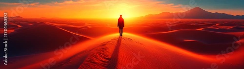 Person walking on a desert road at sunset with a mountain in the background