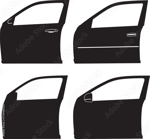 Four different car door silhouettes showing open entryways silhouette