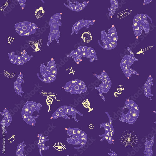 Mystical seamless pattern of cats in boho style, silhouette collection. Esotericism and mysticism, occultism. Cartoon flat vector illustrations, isolated