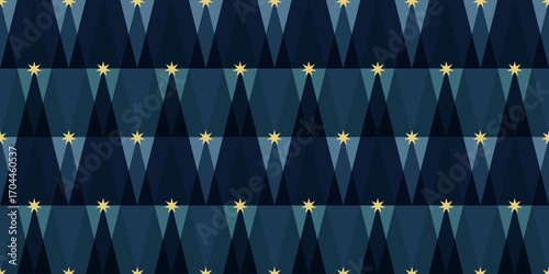 Christmas Tree Seamless Vector Pattern.  New Year Geometric Trees and Stars Concept for Wrapping paper, greeting card, poster, cover, header, card, decor.