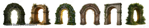 Stone arch set including weathered, mossy, ancient, and ruined variations isolated. Historical and fantasy architectural elements.