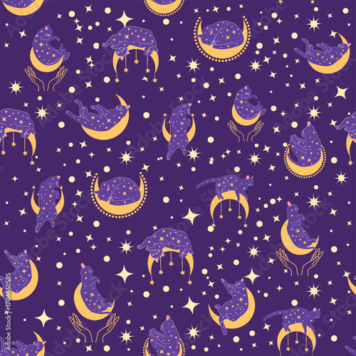 Mystical seamless pattern of cats in boho style, silhouette collection. Esotericism and mysticism, occultism. Cartoon flat vector illustrations, isolated