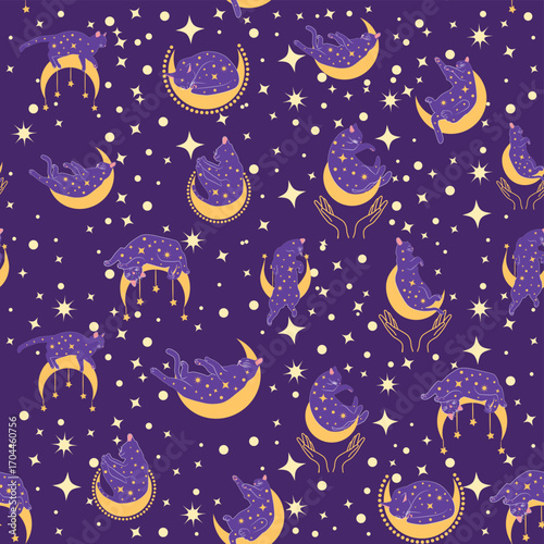 Mystical seamless pattern of cats in boho style, silhouette collection. Esotericism and mysticism, occultism. Cartoon flat vector illustrations, isolated