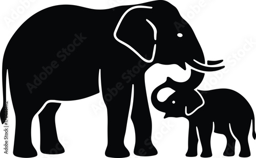 Minimal vector silhouette, mother elephant with trunk touching baby’s head, side view, solid black