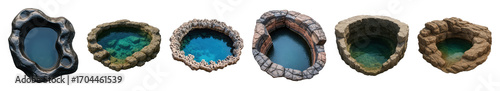Water well set including diverse rock formations and water types isolated. Landscape and fantasy environment elements.