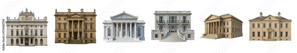 Fototapeta premium Classical architecture building facades set including neoclassical, baroque, and palatial styles isolated. Historical grandeur and elegant real estate elements.