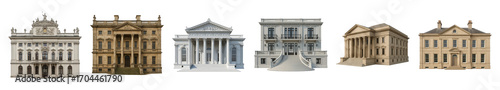 Classical architecture building facades set including neoclassical, baroque, and palatial styles isolated. Historical grandeur and elegant real estate elements.
