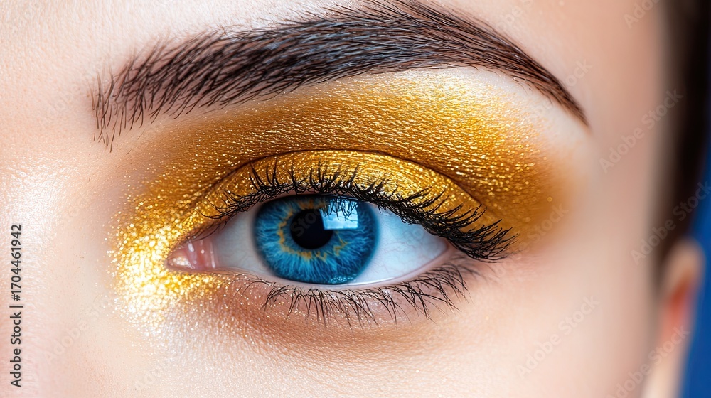 Obraz premium Blue eye with gold eyeshadow makeup close up