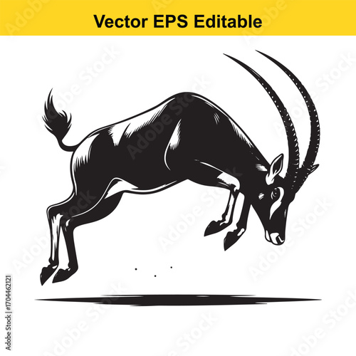 Vector art of black and white illustration of a jumping oryx