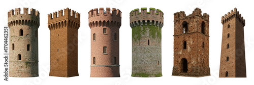 Medieval fantasy tower set including brick, stone, round, square, mossy, and ruined styles isolated. Game development assets.