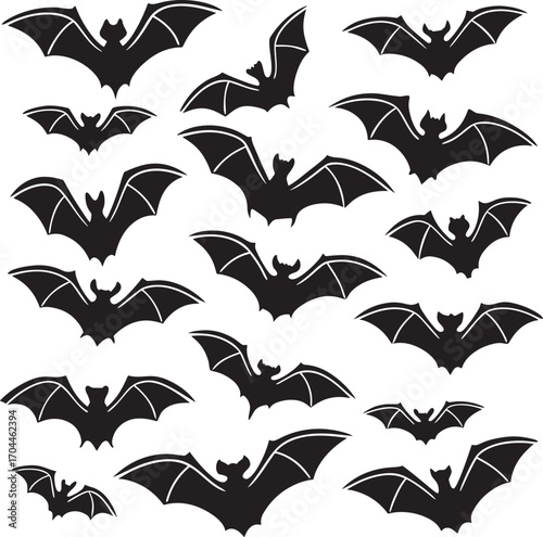 Black bat silhouettes flying spread wings bats