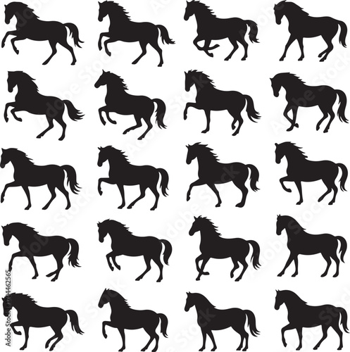Black horse silhouettes galloping and prancing white background running