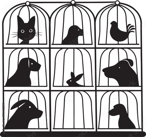 Black pet animal silhouettes in cages vector illustration editable stroke