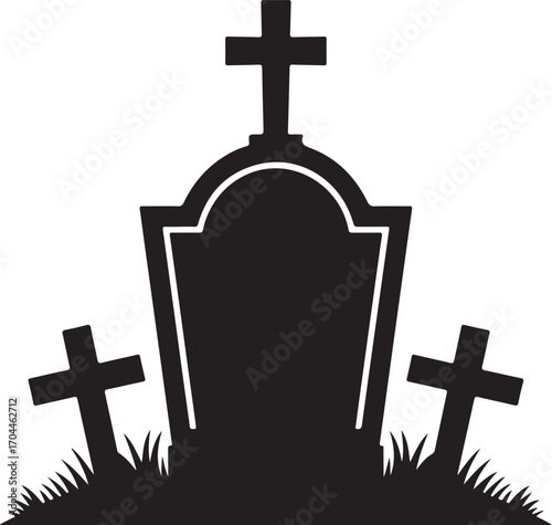 Black tombstone with crosses and grass graveyard