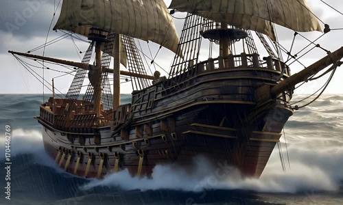 A wooden ship navigates rough ocean waves beneath stormy overcast skies.