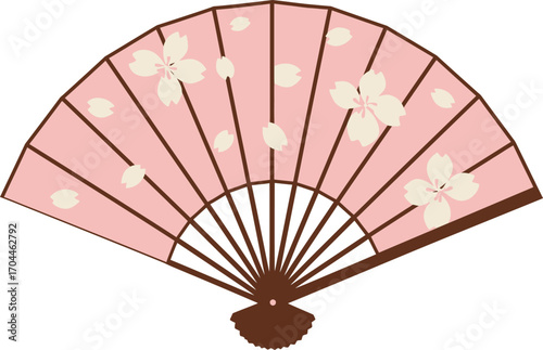 Elegant Cherry Blossom Hand Fan Illustration, Traditional Japanese Cultural Accessory, Asian Summer Festival Decoration, Pink and White Floral Art.