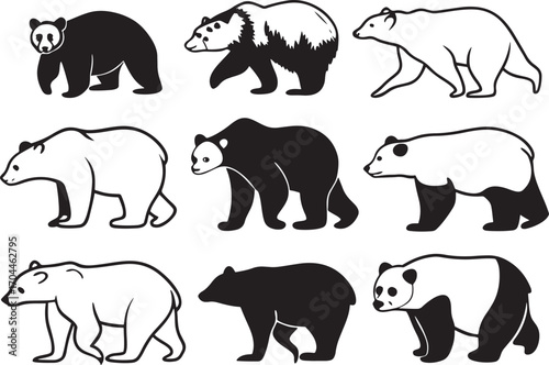 Diverse bear collection black and white vector illustrations panda polar bear