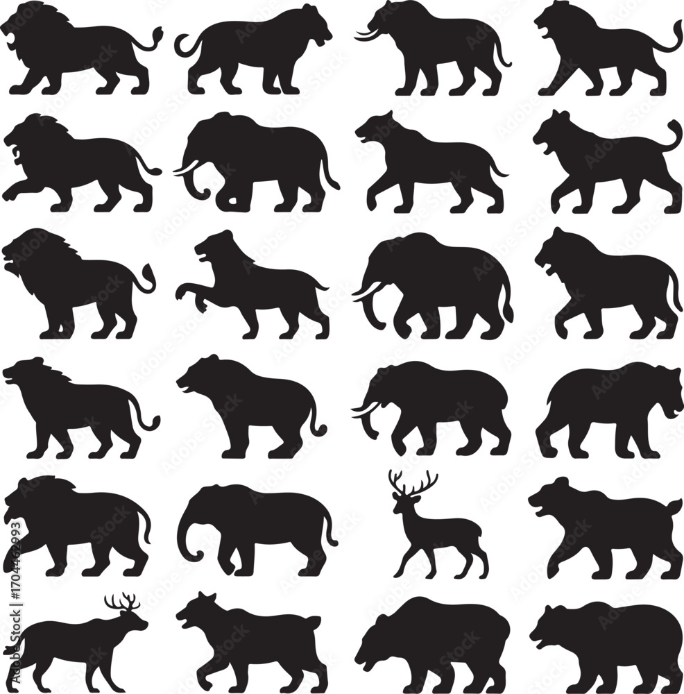 Fototapeta premium Diverse wild animal silhouettes lions elephants bears deer vector