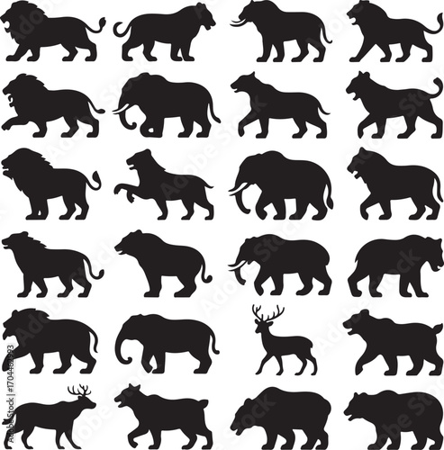 Diverse wild animal silhouettes lions elephants bears deer vector