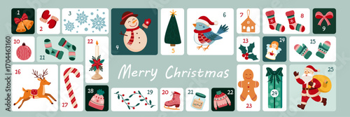 Christmas advent calendar, design with santa, snowman, reindeer, gingerbread, candy, holiday gift, sock, mitten, ice skates, New Year tree. Blue greeting vector card,  seasonal poster
