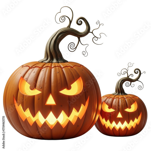 Two spooky carved halloween jack o lantern pumpkins glowing with scary faces isolated on transparent background