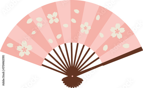 Japanese Pink Hand Fan with Elegant White Sakura Petals, Traditional Accessory for Festivals and Summer, Asian Cultural Symbol of Grace and Beauty.