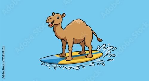 A cartoon camel riding a surfboard on a wave, a fun and whimsical image.