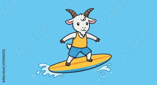A cartoon goat surfing on a yellow surfboard in blue water.