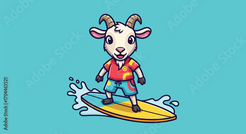 A cute cartoon goat wearing a Hawaiian shirt and shorts while surfing on a yellow surfboard on a teal background.