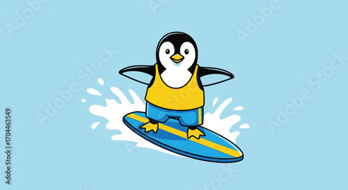A cartoon penguin wearing a yellow tank top and blue shorts surfing on a blue surfboard.