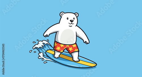 Cartoon polar bear surfing on a blue wave with red and yellow shorts.