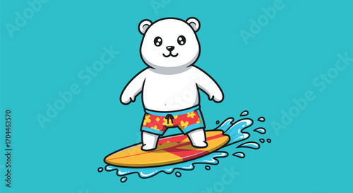 Cute cartoon polar bear surfing on a surfboard in the ocean.
