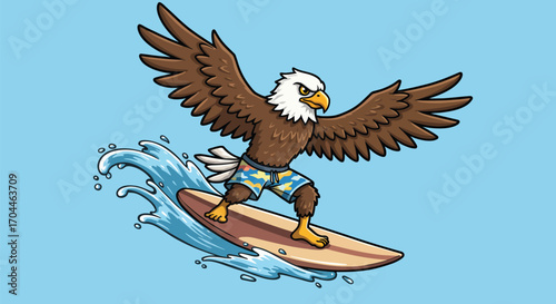 Cartoon bald eagle surfing on a surfboard, riding a wave, wearing patterned swim shorts, against a light blue background.