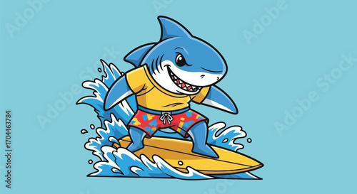A cool cartoon shark wearing a yellow t-shirt and colorful shorts surfs on a yellow board, riding ocean waves with a happy expression.